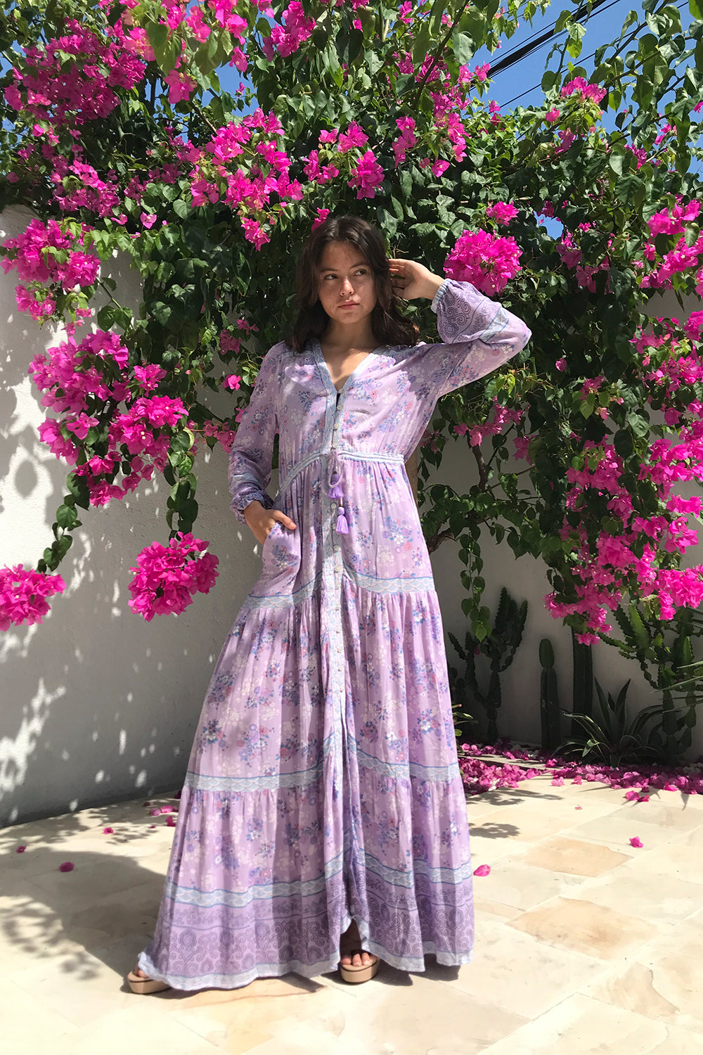 The Alannah Maxi Dress in Lilac by Tulle and Batiste, an elegant bohemian fashion statement, handmade and ethically produced for your wardrobe.