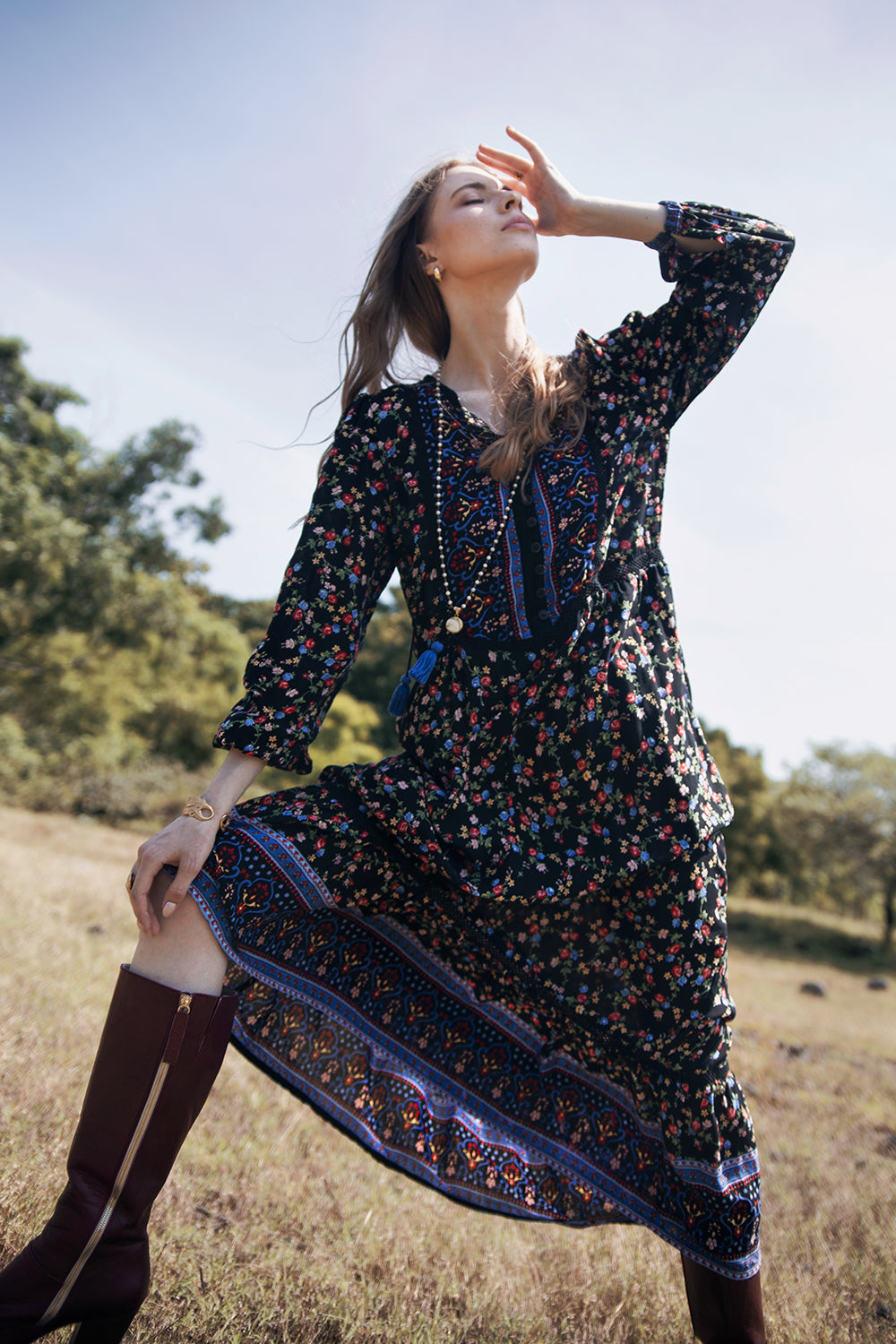 Black floral outlet boho dress